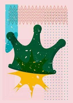 Risograph Crown with geometric shapes. Objects in trendy riso graph print t.. 스톡 일러스트