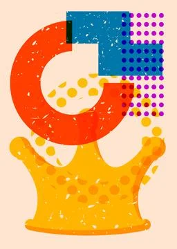 Risograph Crown with geometric shapes. Objects in trendy riso graph print t.. 스톡 일러스트