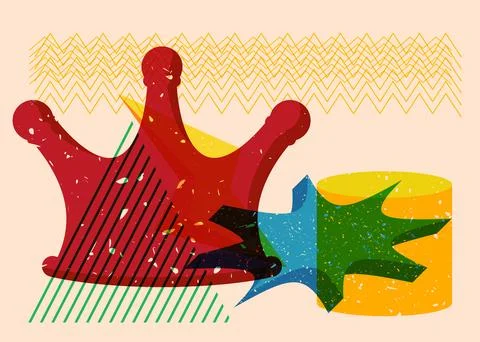 Risograph Crown with geometric shapes. Objects in trendy riso graph print t.. 스톡 일러스트