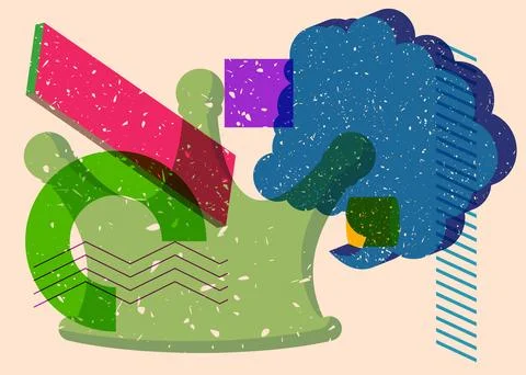 Risograph Crown with speech bubble with geometric shapes. Objects in trendy.. 스톡 일러스트