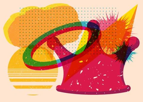Risograph Crown with speech bubble with geometric shapes. Objects in trendy.. 스톡 일러스트