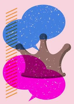 Risograph Crown with speech bubble with geometric shapes. Objects in trendy.. イラスト素材
