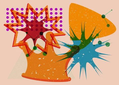 Risograph Crown with speech bubble with geometric shapes. Objects in trendy.. Stock Illustration