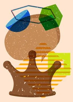 Risograph Crown with speech bubble with geometric shapes. Objects in trendy.. Stock Illustration