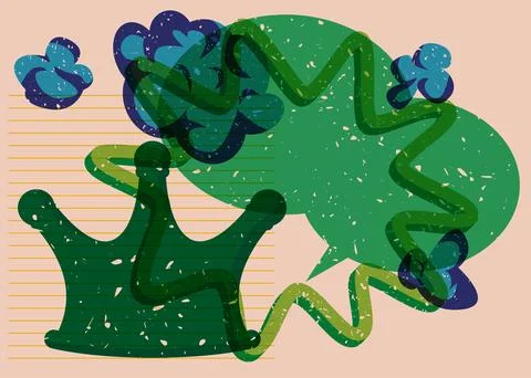 Risograph Crown with speech bubble with geometric shapes. Objects in trendy.. イラスト素材