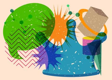 Risograph Crown with speech bubble with geometric shapes. Objects in trendy.. 스톡 일러스트
