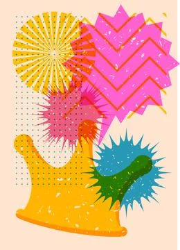 Risograph Crown with speech bubble with geometric shapes. Objects in trendy.. Stock Illustration