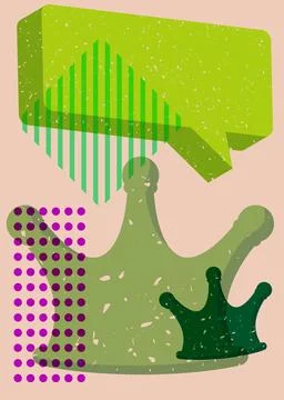 Risograph Crown with speech bubble with geometric shapes. Objects in trendy.. Stockillustratie