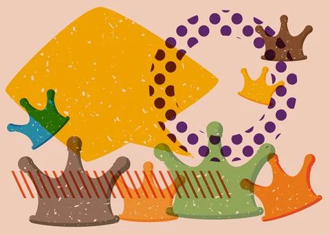 Risograph Crown with speech bubble with geometric shapes. Objects in trendy.. Иллюстрация
