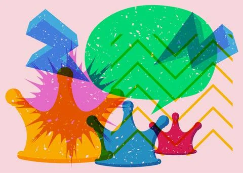 Risograph Crown with speech bubble with geometric shapes. Objects in trendy.. Иллюстрация