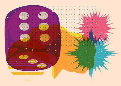 Risograph dice with geometric shapes. Objects in trendy riso graph print te.. Illustrazione stock