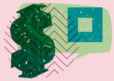Risograph Dollar Sign with speech bubble with geometric shapes. Objects in .. 库存插图