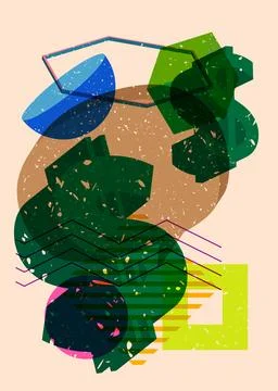 Risograph Dollar Sign with speech bubble with geometric shapes. Objects in .. 库存插图