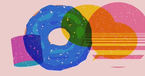 Risograph Doughnut and speech bubble with geometric elements video Stock Footage 313371606