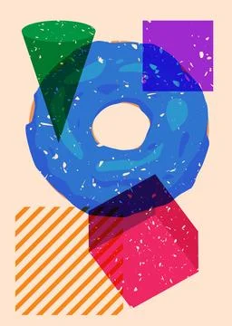 Risograph Doughnut with geometric shapes. Objects in trendy riso graph prin.. Stock Illustration