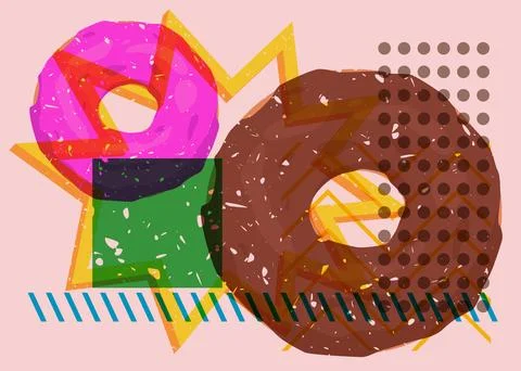 Risograph Doughnut with geometric shapes. Objects in trendy riso graph prin.. Illustrazione stock