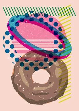 Risograph Doughnut with geometric shapes. Objects in trendy riso graph prin.. Illustrazione stock