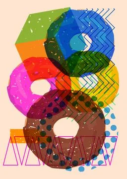 Risograph Doughnut with geometric shapes. Objects in trendy riso graph prin.. Illustrazione stock
