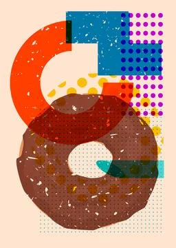 Risograph Doughnut with geometric shapes. Objects in trendy riso graph prin.. Illustrazione stock