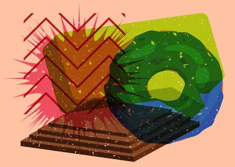 Risograph Doughnut with geometric shapes. Objects in trendy riso graph prin.. Illustrazione stock