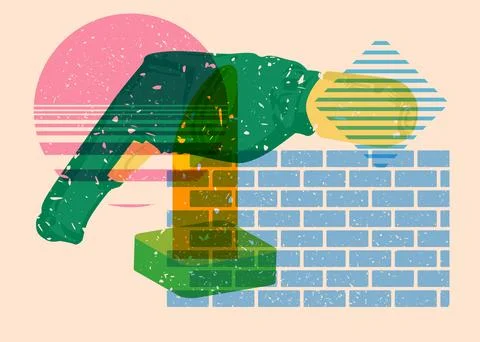Risograph Drill, Power Tool with geometric shapes. Objects in trendy riso g.. Ilustração Stock