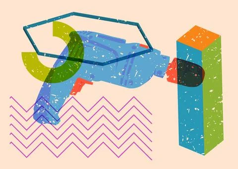 Risograph Drill, Power Tool with geometric shapes. Objects in trendy riso g.. Ilustração Stock