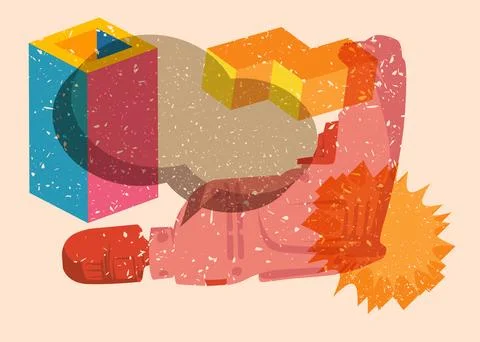Risograph Drill, Power Tool with speech bubble with geometric shapes. Objec.. Illustration
