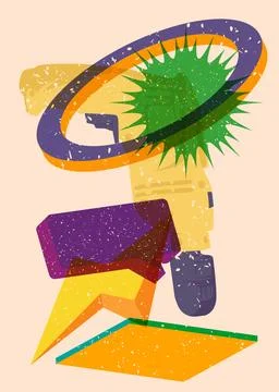 Risograph Drill, Power Tool with speech bubble with geometric shapes. Objec.. Illustration
