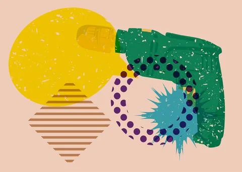 Risograph Drill with speech bubble with geometric shapes. Objects in trendy.. Illustration