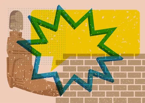 Risograph Drill with speech bubble with geometric shapes. Objects in trendy.. Illustration