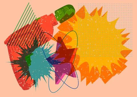 Risograph Drill with speech bubble with geometric shapes. Objects in trendy.. Illustrazione stock