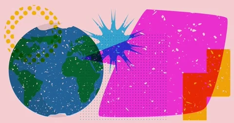 Risograph Earth with speech bubble and geometric shapes Stock Footage 248874408