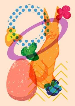 Risograph Easter Egg and Bunny with geometric shapes. Objects in trendy ris.. Stock Illustration