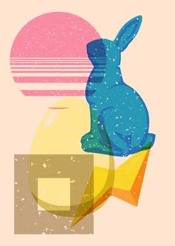 Risograph Easter Egg and Bunny with geometric shapes. Objects in trendy ris.. Stock Illustration