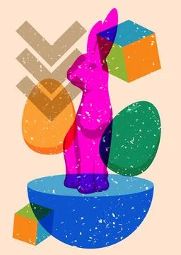 Risograph Easter Egg and Bunny with geometric shapes. Objects in trendy ris.. Stock Illustration