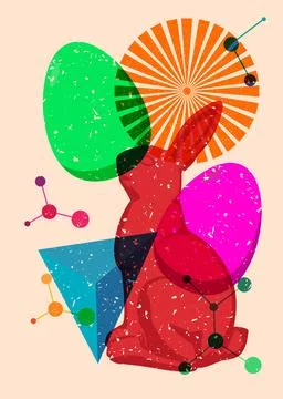 Risograph Easter Egg and Bunny with geometric shapes. Objects in trendy ris.. Stock Illustration