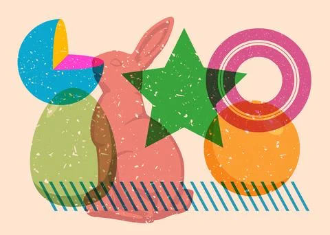 Risograph Easter Egg and Bunny with geometric shapes. Objects in trendy ris.. Stock Illustration