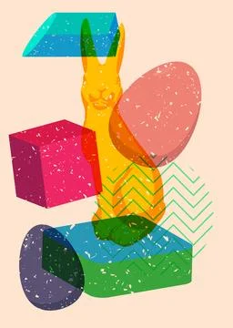 Risograph Easter Egg and Bunny with geometric shapes. Objects in trendy ris.. Stock Illustration