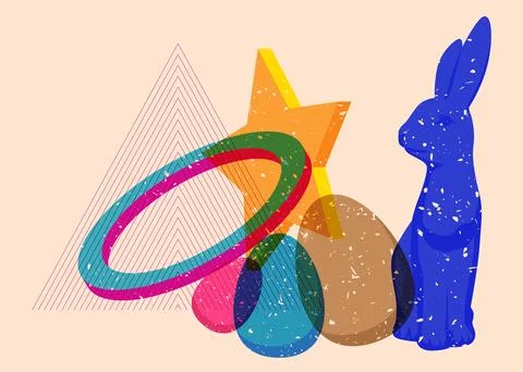 Risograph Easter Egg and Bunny with geometric shapes. Objects in trendy ris.. Stock Illustration