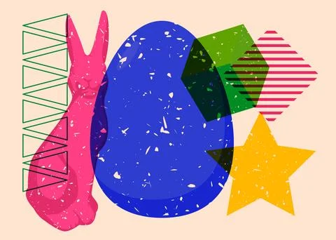 Risograph Easter Egg and Bunny with geometric shapes. Objects in trendy ris.. Stock Illustration