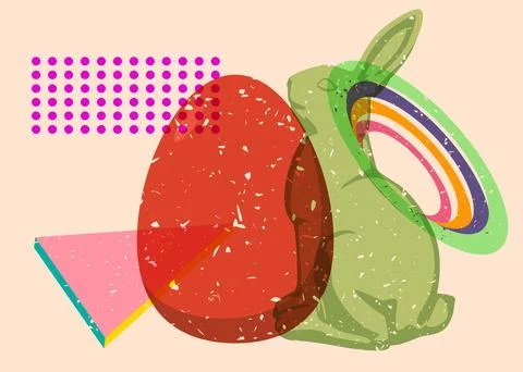 Risograph Easter Egg and Bunny with geometric shapes. Objects in trendy ris.. Stock Illustration