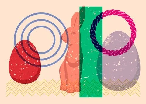 Risograph Easter Egg and Bunny with geometric shapes. Objects in trendy ris.. Illustrazione stock