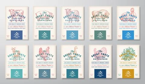 Risograph Effect Meat Poultry and Vegetables. Vintage Vector Food Packaging Stock Illustration