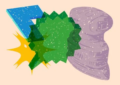 Risograph Electric Sander with speech bubble with geometric shapes. Objects.. Illustrazione stock