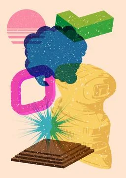 Risograph Electric Sander with speech bubble with geometric shapes. Objects.. Stock Illustration