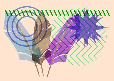 Risograph Feather with geometric shapes. Objects in trendy riso graph print.. 库存插图