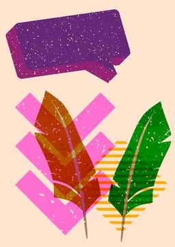 Risograph Feather with speech bubble with geometric shapes. Objects in tren.. Stock Illustration