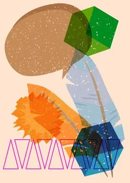 Risograph Feather with speech bubble with geometric shapes. Objects in tren.. Stock Illustration