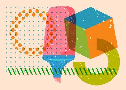 Risograph Felt Tip Pen with speech bubble with geometric shapes. Objects in.. 스톡 일러스트