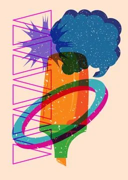 Risograph Felt Tip Pen with speech bubble with geometric shapes. Objects in.. Stock Illustration
